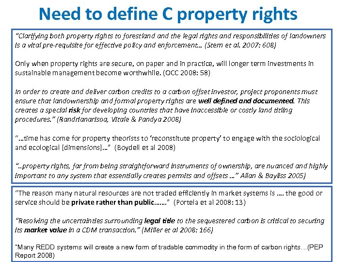 Need to define C property rights “Clarifying both property rights to forestland the legal