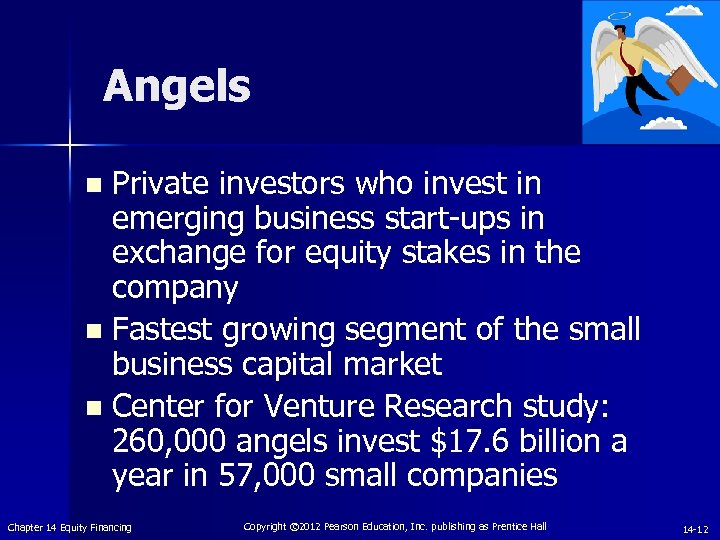 Angels Private investors who invest in emerging business start-ups in exchange for equity stakes