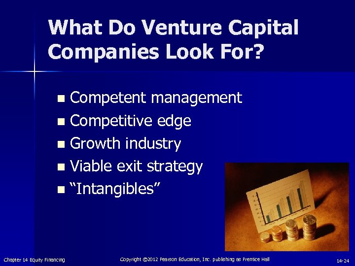 What Do Venture Capital Companies Look For? Competent management n Competitive edge n Growth