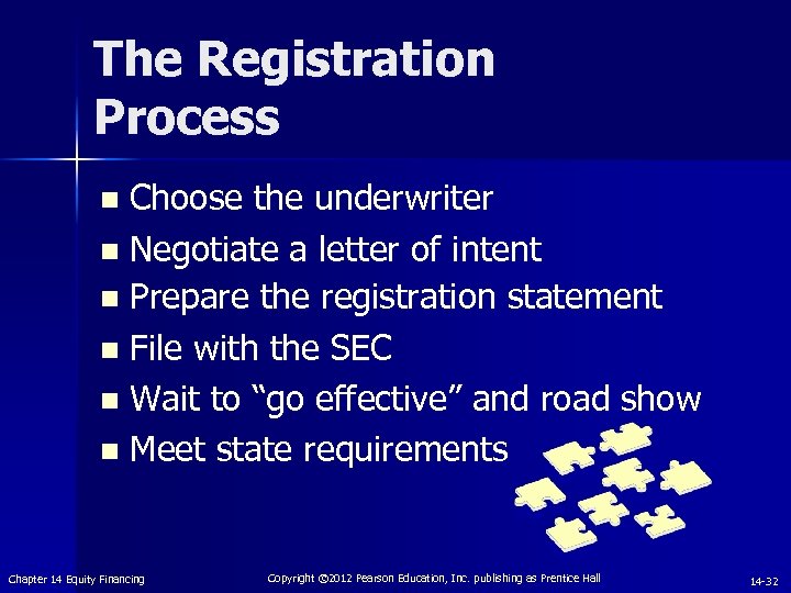 The Registration Process Choose the underwriter n Negotiate a letter of intent n Prepare