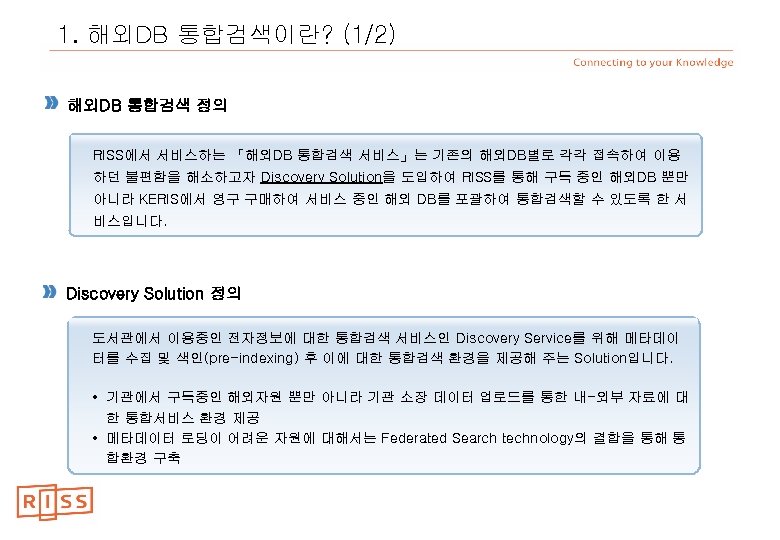 1. 해외DB 통합검색이란? (1/2) 해외DB 통합검색 정의 RISS에서 서비스하는 「해외DB 통합검색 서비스」는 기존의 해외DB별로