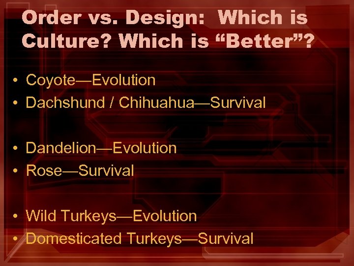 Order vs. Design: Which is Culture? Which is “Better”? • Coyote—Evolution • Dachshund /