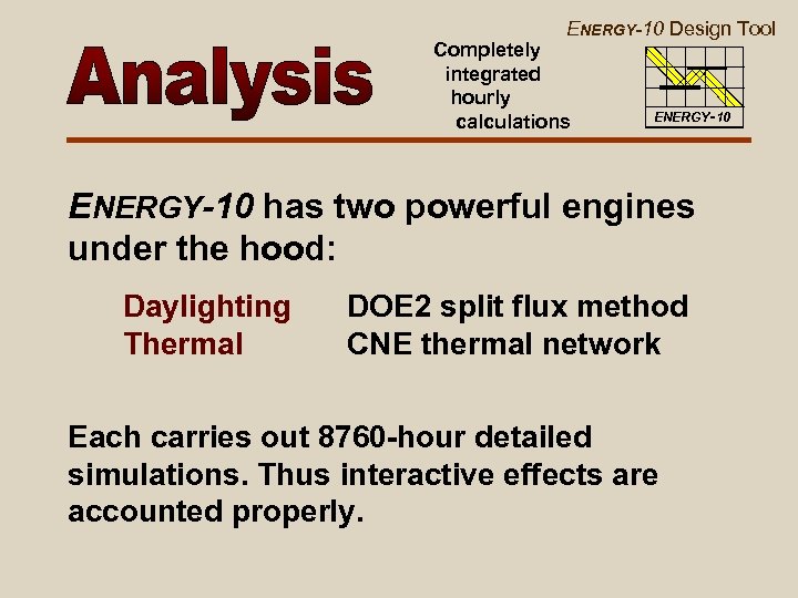 ENERGY-10 Design Tool Completely integrated hourly calculations ENERGY-10 has two powerful engines under the