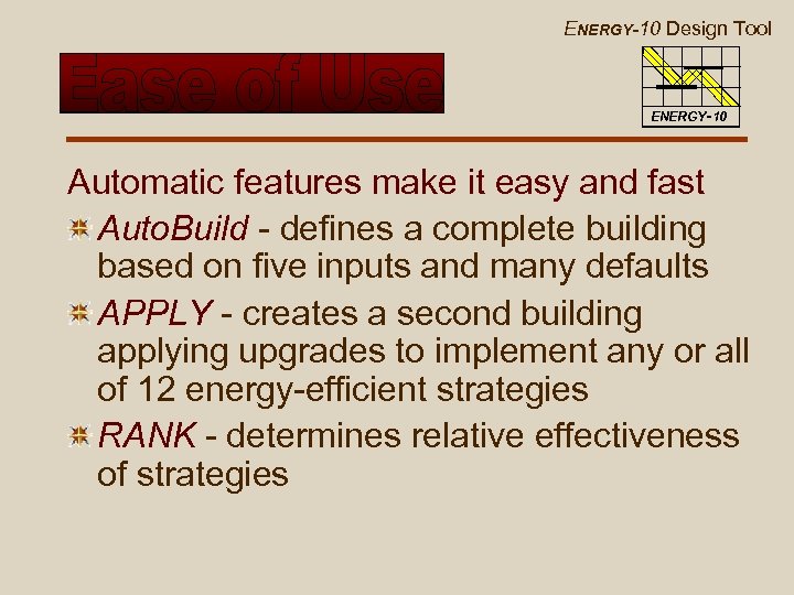 ENERGY-10 Design Tool ENERGY-10 Automatic features make it easy and fast Auto. Build -