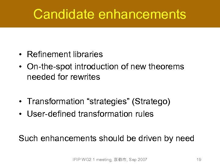 Candidate enhancements • Refinement libraries • On-the-spot introduction of new theorems needed for rewrites