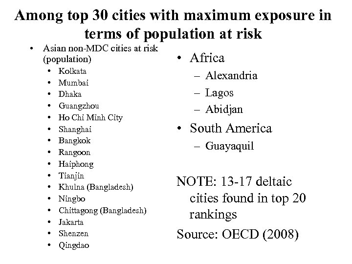 Among top 30 cities with maximum exposure in terms of population at risk •