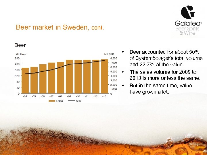 Beer market in Sweden, cont. • • • Beer accounted for about 50% of