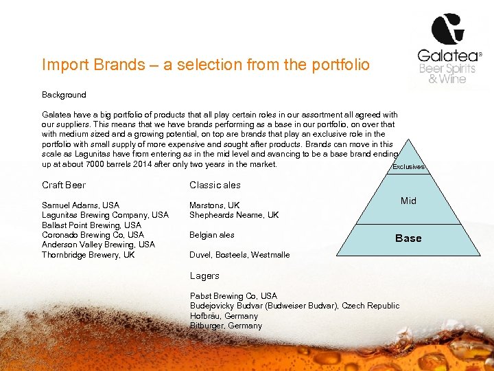 Import Brands – a selection from the portfolio Background Galatea have a big portfolio