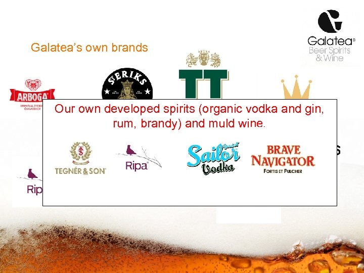 Galatea’s own brands Our own developed spirits (organic vodka and gin, rum, brandy) and
