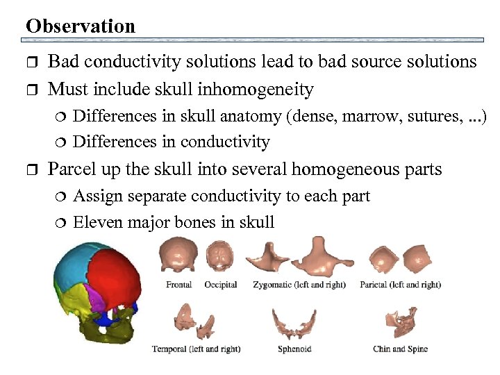 Observation r r Bad conductivity solutions lead to bad source solutions Must include skull