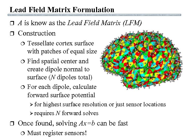 Lead Field Matrix Formulation r r A is know as the Lead Field Matrix