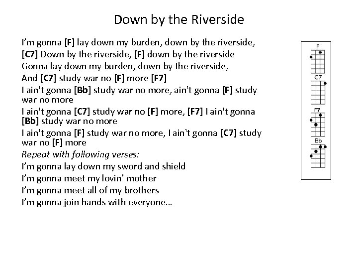 Down by the Riverside I’m gonna [F] lay down my burden, down by the