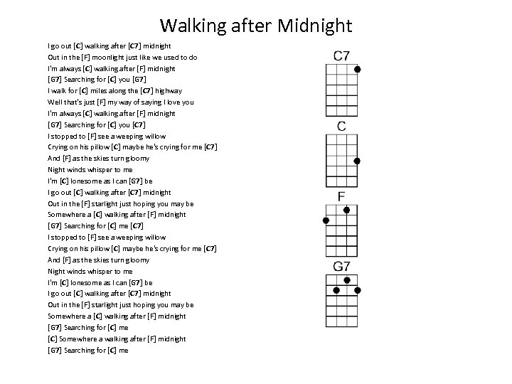 Walking after Midnight I go out [C] walking after [C 7] midnight Out in