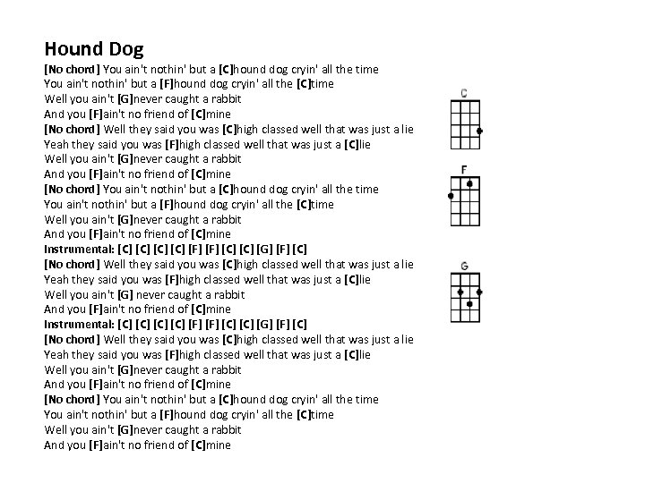 Hound Dog [No chord] You ain't nothin' but a [C]hound dog cryin' all the