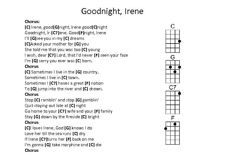 Goodnight, Irene Chorus: [C] Irene, good[G]night, Irene good[C]night Goodnight, Ir-[C 7]ene, Good[F]night, Irene I’ll