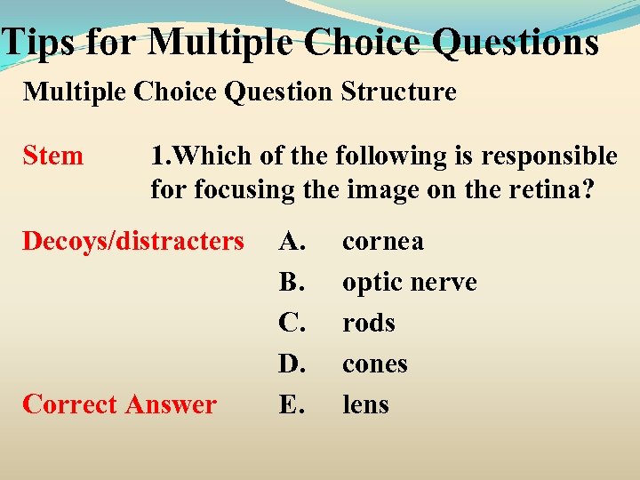 Tips for Multiple Choice Questions Multiple Choice Question Structure Stem 1. Which of the