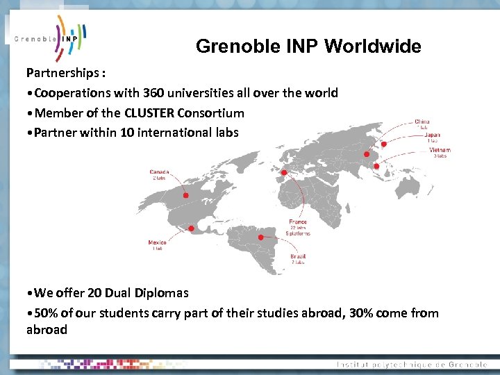 Grenoble INP Worldwide Partnerships : • Cooperations with 360 universities all over the world