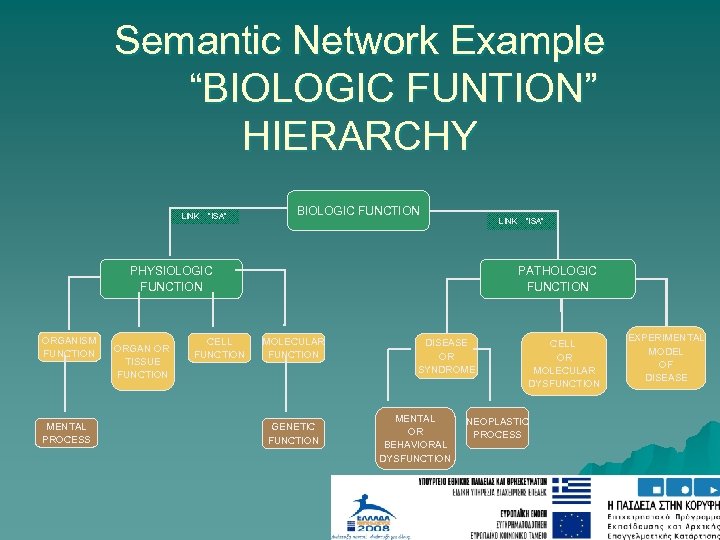 Semantic Network Example “BIOLOGIC FUNTION” HIERARCHY LINK “ISA” BIOLOGIC FUNCTION LINK PHYSIOLOGIC FUNCTION ORGANISM
