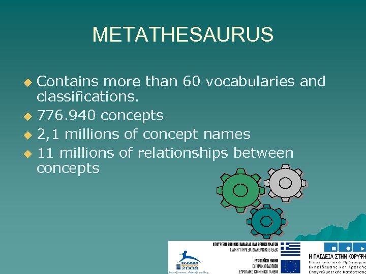 METATHESAURUS Contains more than 60 vocabularies and classifications. u 776. 940 concepts u 2,
