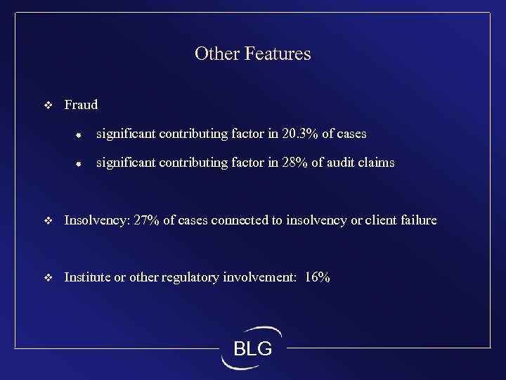 Other Features v Fraud ® significant contributing factor in 20. 3% of cases ®
