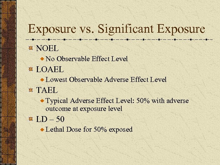 Exposure vs. Significant Exposure NOEL No Observable Effect Level LOAEL Lowest Observable Adverse Effect