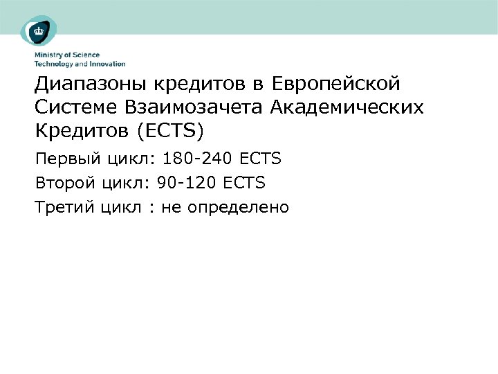 Диапазоны кредитов в Европейской Системе Взаимозачета Академических Кредитов (ECTS) Первый цикл: 180 -240 ECTS