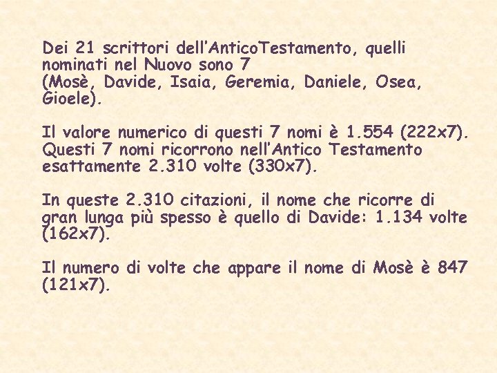 Dei 21 scrittori dell’Antico. Testamento, quelli nominati nel Nuovo sono 7 (Mosè, Davide, Isaia,