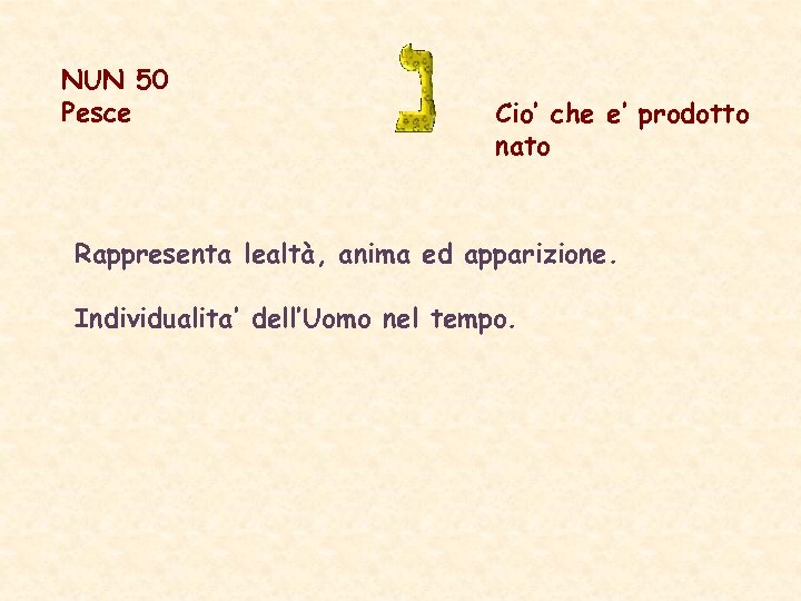 NUN 50 Pesce Cio’ che e’ prodotto nato Rappresenta lealtà, anima ed apparizione. Individualita’