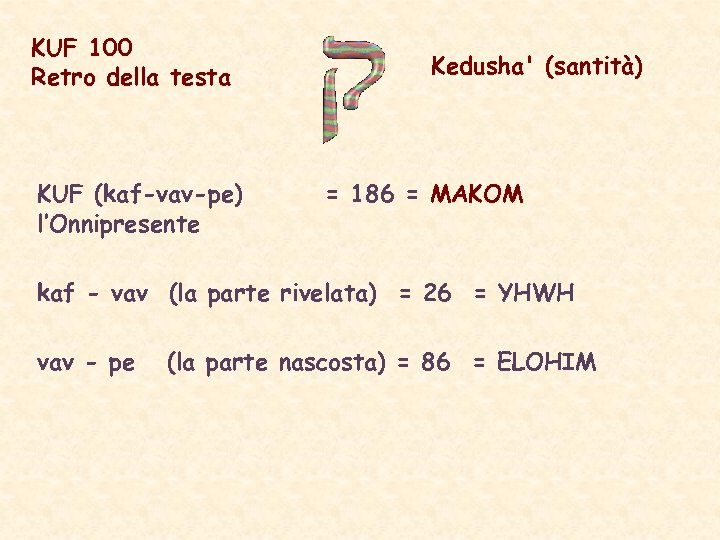 KUF 100 Retro della testa KUF (kaf-vav-pe) l’Onnipresente Kedusha' (santità) = 186 = MAKOM