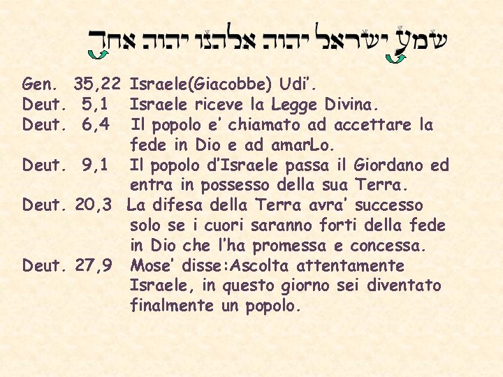 Gen. 35, 22 Israele(Giacobbe) Udi’. Deut. 5, 1 Israele riceve la Legge Divina. Deut.