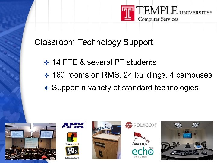 Classroom Technology Support v 14 FTE & several PT students v 160 rooms on