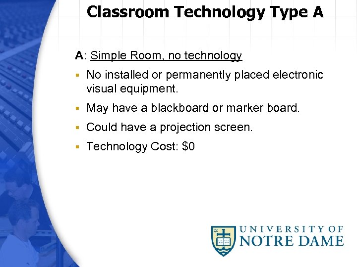 Classroom Technology Type A A: Simple Room, no technology § No installed or permanently