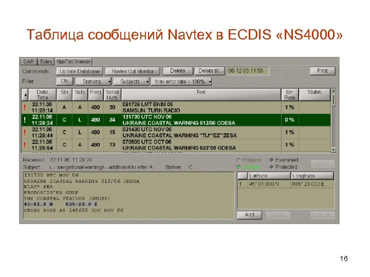 Таблица сообщений Navtex в ECDIS «NS 4000» 16 