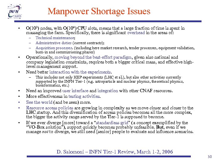 Manpower Shortage Issues • O(103) nodes, with O(104) CPU slots, means that a large