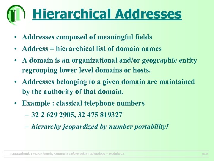 Hierarchical Addresses • Addresses composed of meaningful fields • Address = hierarchical list of