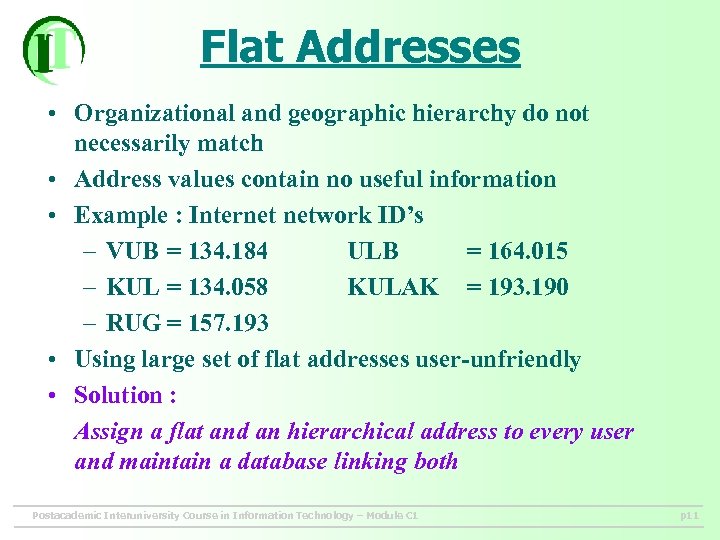 Flat Addresses • Organizational and geographic hierarchy do not necessarily match • Address values