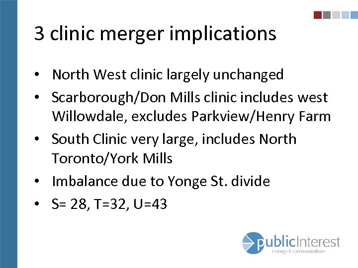 3 clinic merger implications • North West clinic largely unchanged • Scarborough/Don Mills clinic