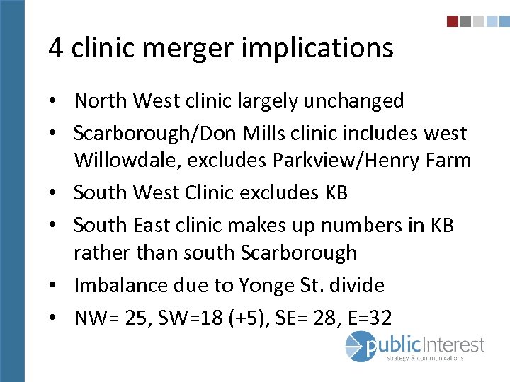 4 clinic merger implications • North West clinic largely unchanged • Scarborough/Don Mills clinic