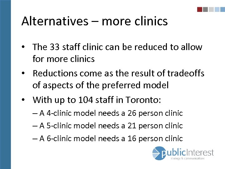 Alternatives – more clinics • The 33 staff clinic can be reduced to allow
