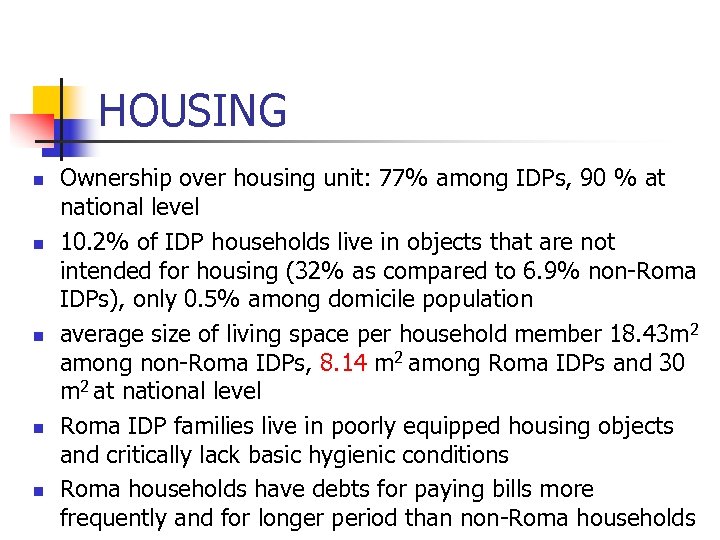 HOUSING n n n Ownership over housing unit: 77% among IDPs, 90 % at