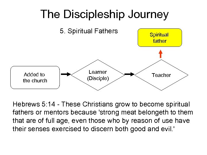 The Discipleship Journey 5. Spiritual Fathers Added to the church Learner (Disciple) Spiritual father