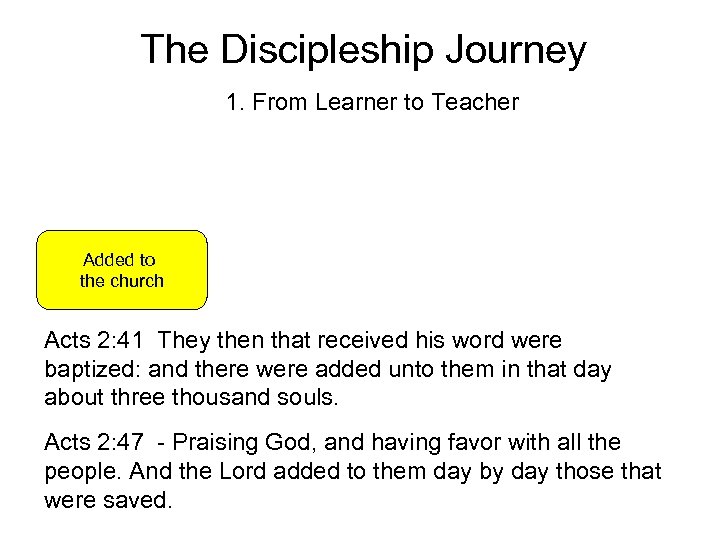 The Discipleship Journey 1. From Learner to Teacher Added to the church Acts 2: