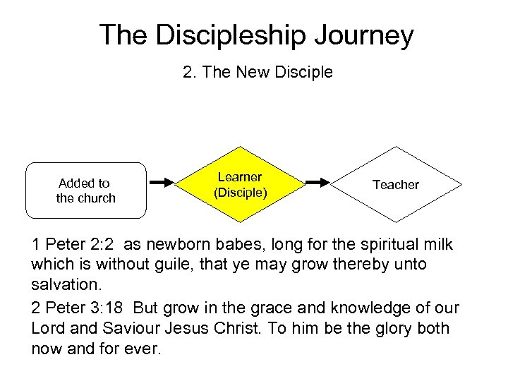 The Discipleship Journey 2. The New Disciple Added to the church Learner (Disciple) Teacher