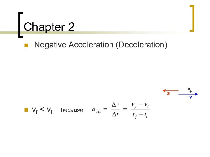 Chapter 2 n Negative Acceleration (Deceleration) a n vf < vi because + v