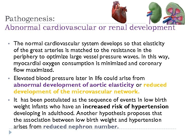 Pathogenesis: Abnormal cardiovascular or renal development • • • The normal cardiovascular system develops