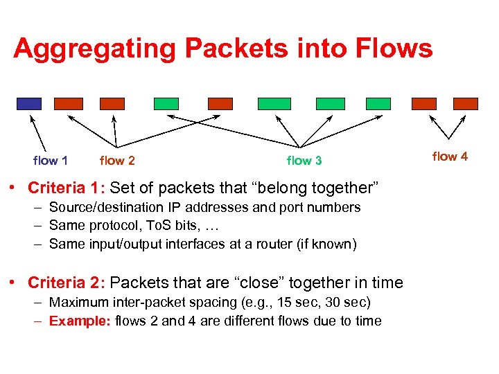 Aggregating Packets into Flows flow 1 flow 2 flow 3 • Criteria 1: Set
