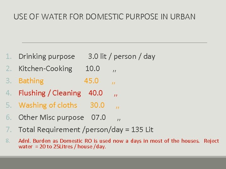 USE OF WATER FOR DOMESTIC PURPOSE IN URBAN 1. 2. 3. 4. 5. 6.