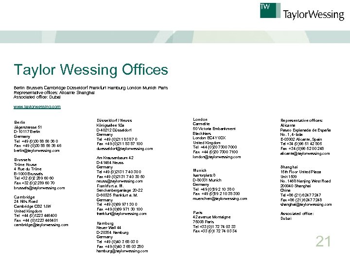 Taylor Wessing Offices Berlin Brussels Cambridge Düsseldorf Frankfurt Hamburg London Munich Paris Representative offices: