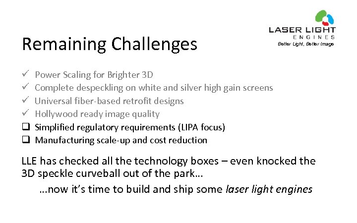 Remaining Challenges ü ü q q Better Light, Better Image Power Scaling for Brighter