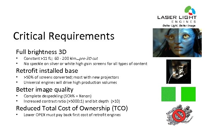 Better Light, Better Image Critical Requirements Full brightness 3 D • • Constant >11